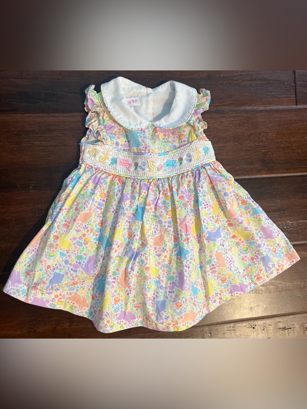 Bonnie Baby Pastel Floral & Bunny Smocked Dress with White Collar
